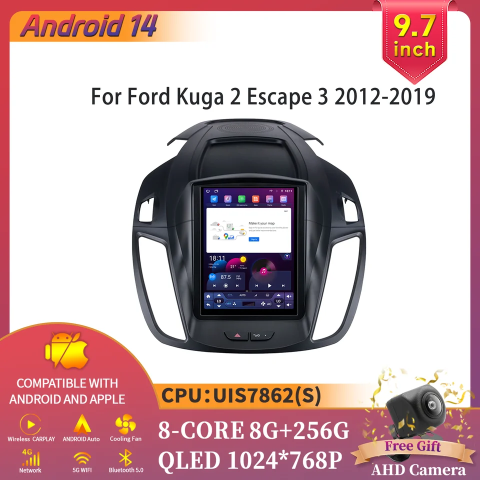 9.7 palca Android 14 pre Ford Kuga 2 Escape 3 2012-2019 Rádio Multimediálne inteligentné GPS bezdrôtová dotyková obrazovka Apple CarPlay