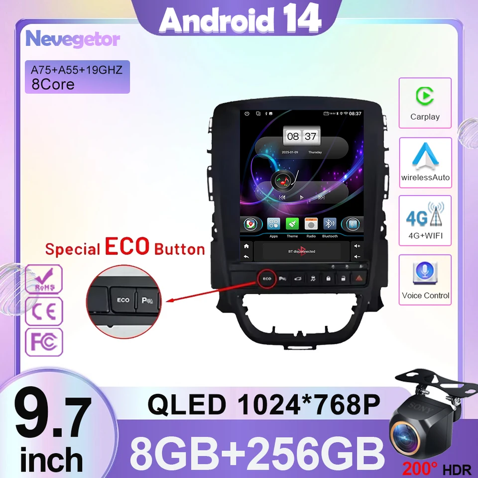 9,7 palca CarPlay Vertikálne bezdrôtové Android 14 pre Opel Astra J 2009-2015 Radio Head Unit Multimedia Player GPS Navigation 8 Core 8