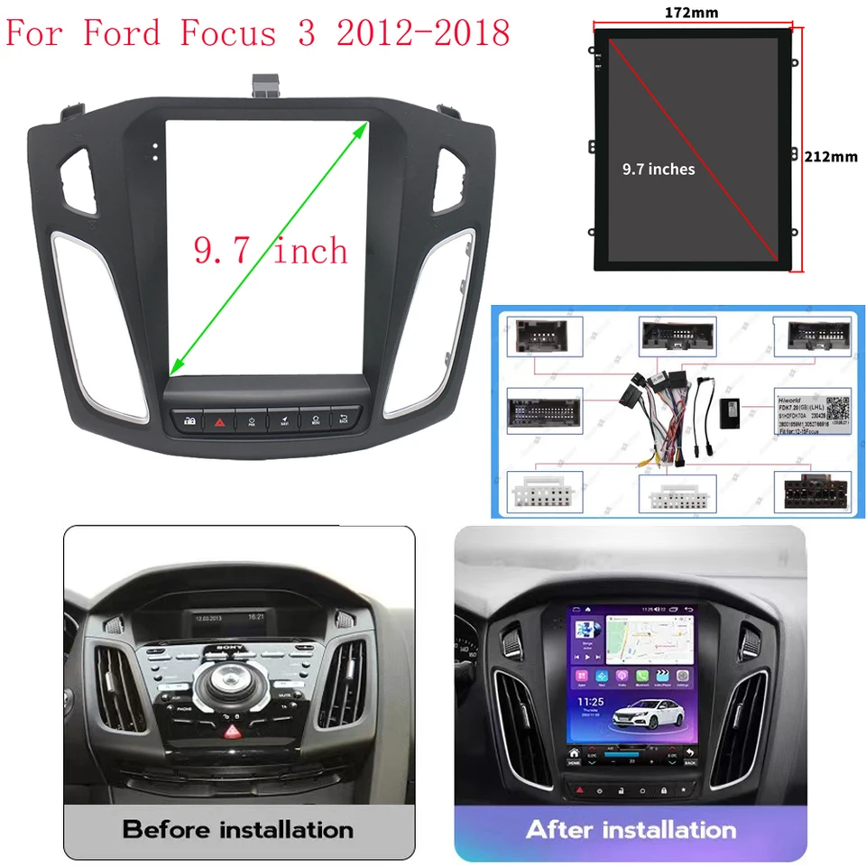 9.7 palca pre Ford Focus 2012-2017 2Din Car Radio Fascia DVD Stereo Frame Plate Adapter Montážny prístrojový prístroj Inštalácia rána MP5 Panel MP5