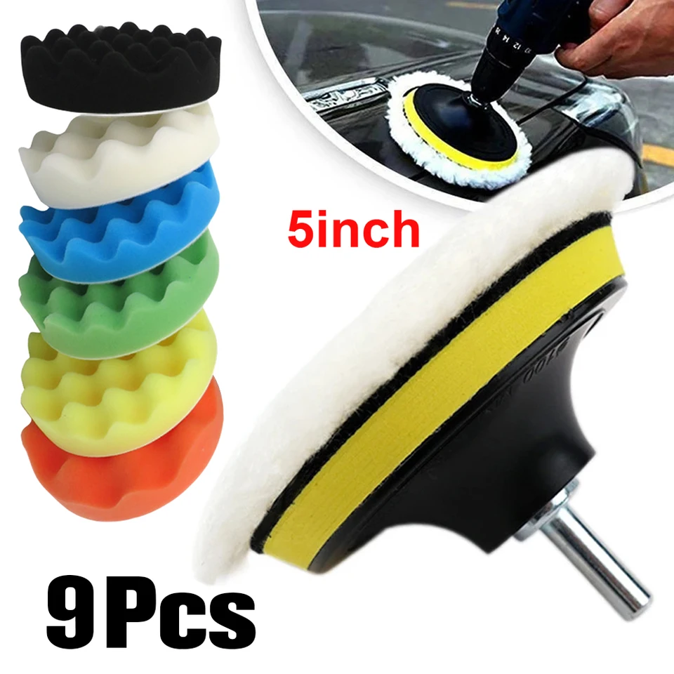 9 ks 5 palcových vŕtacích automobilov Vlnené automobilové doštičky na špongiu Foam súprava opätovne použiteľného automobilového leštiaceho vankúšika