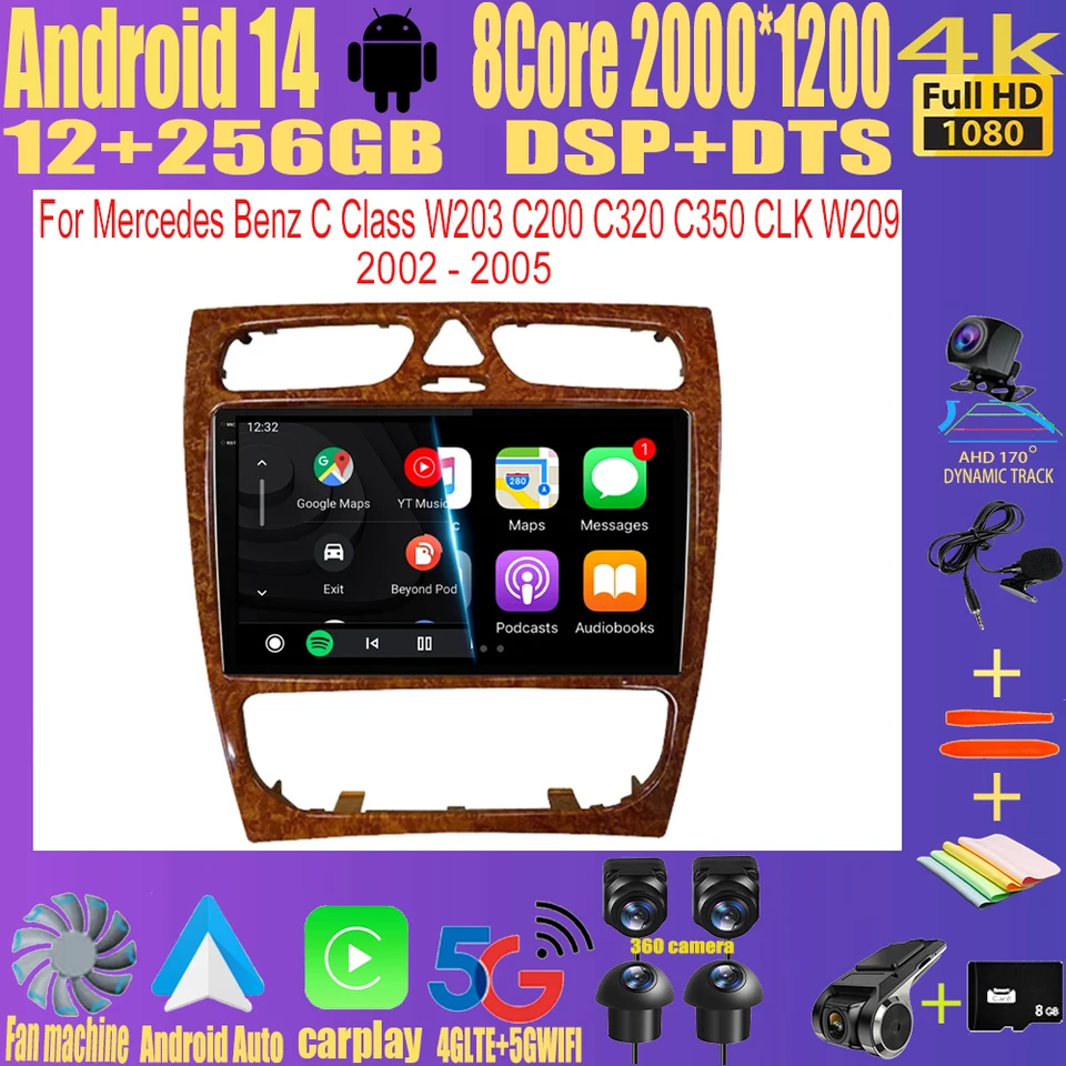 9 palcov Android 14 Navigačné rádio pre Mercedes Benz C Class W203 C200 C320 C350 CLK W209 2002 - 2005 Multimedia Video Player