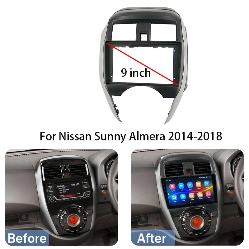 9 palcov pre Nissan Sunny/ Almera 2014-2018 Automobilové rádio Stereo Android MP5 Player 2 DIN Fascia Panel Frame Dash Dash