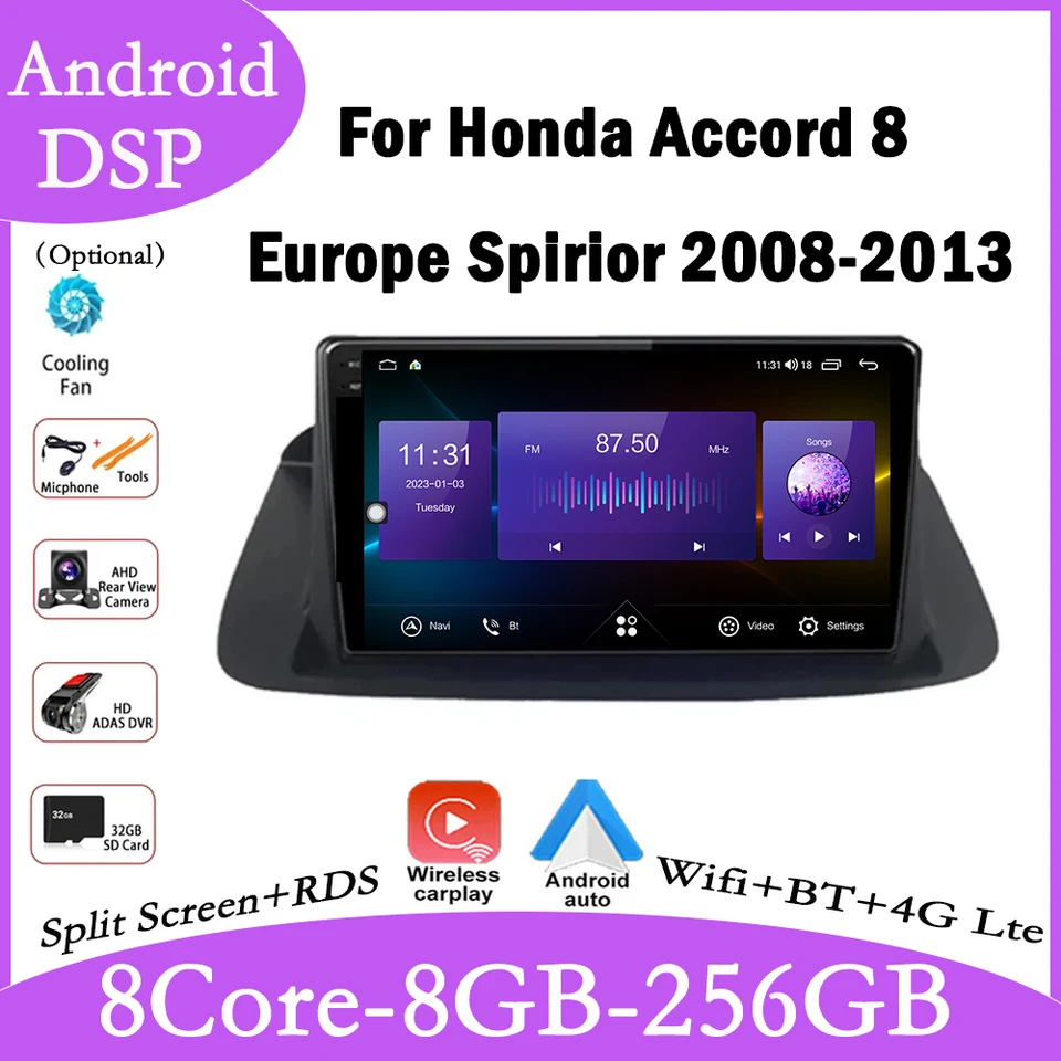 9 palcov pre spoločnosť Honda Accord 8 Europe Spirior 2008-2013 Android 14 Automatické multimediálne multimediálne DSP GPS CarPlay Stereo WiFi BT
