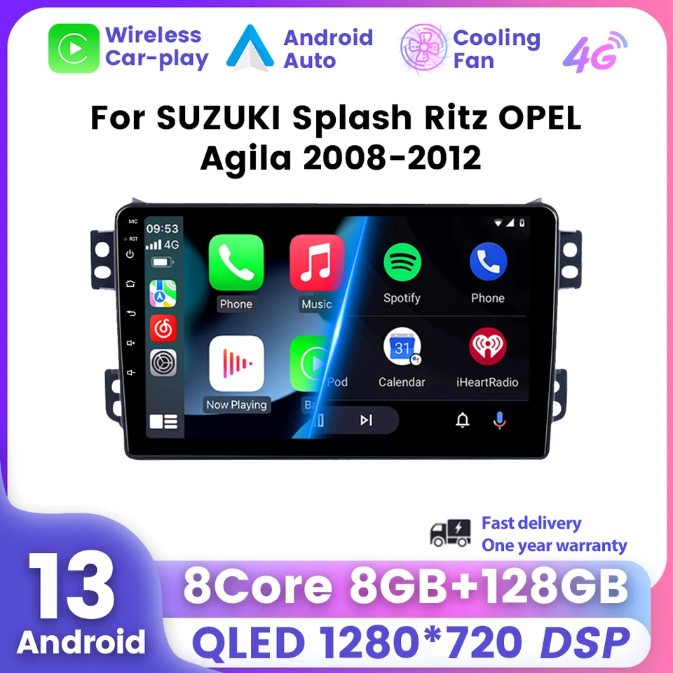 9-palcové QLED Car Radio s obrazovkou pre Suzuki Splash Ritz Opel Agila 2008-2014 Wireless CarPlay Android Auto Multimedia Player BT BT