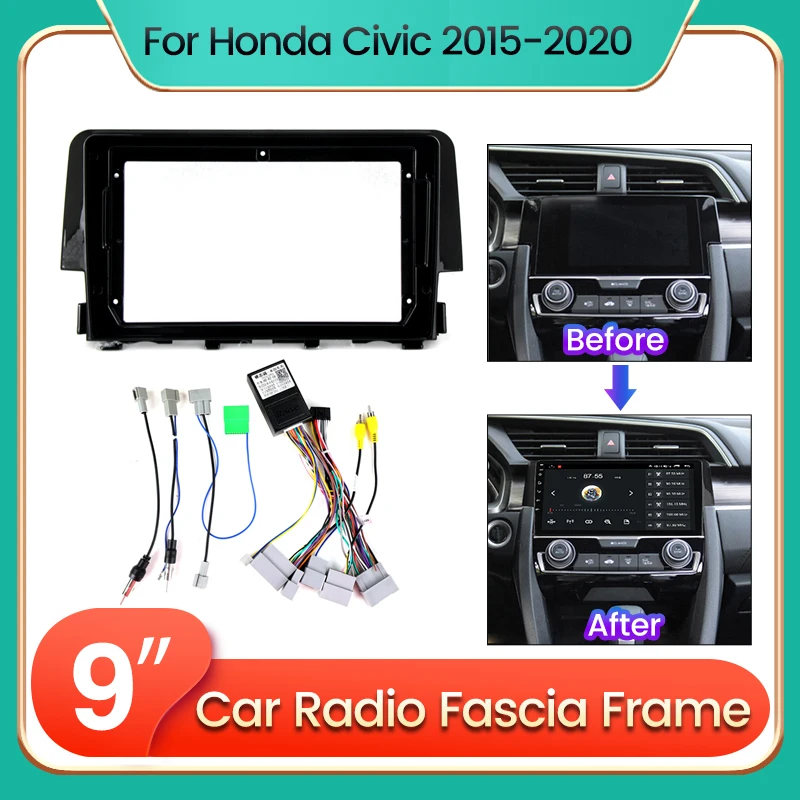 9-palcový 2Din Android Car Radio Radio Stereo Multimedia Player Dashboard Panel Rámový kábel pre Honda Civic 2015-2020 Audio Dash