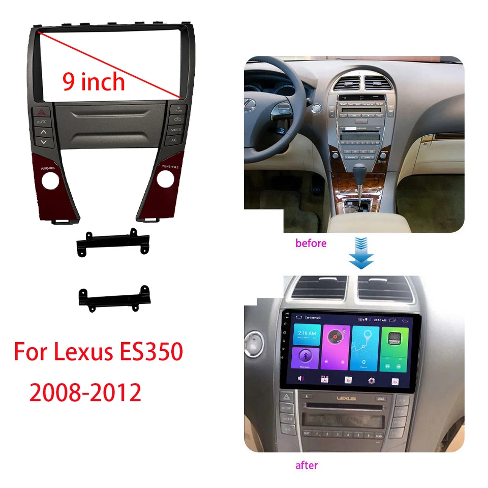 9-palcový Ar fascia rámový adaptér Canbus Box Decoder Android Radio Radio Dash Panel Panel Kit pre Lexus ES350 2008-2012
