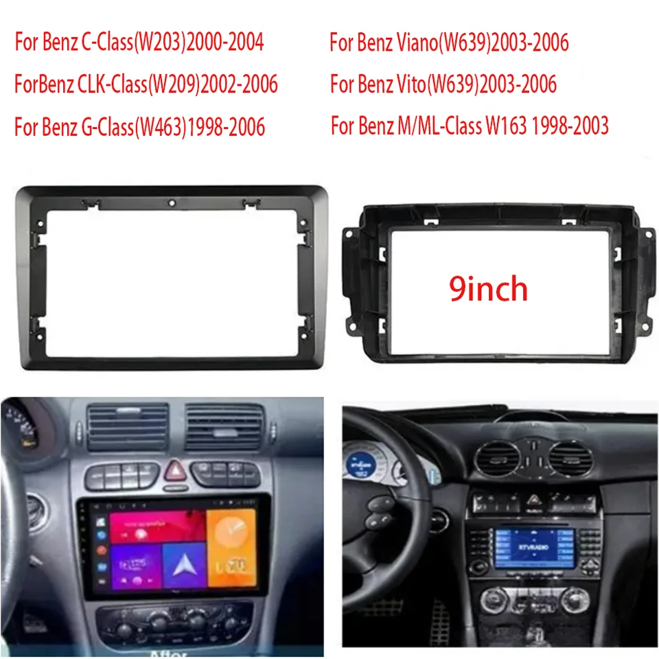 9 -palcový fázový adaptér Fascia Android Android Radio Dash Panel Panel Kit pre Benz W203 W209 W463 Viano W639 W163 Vito