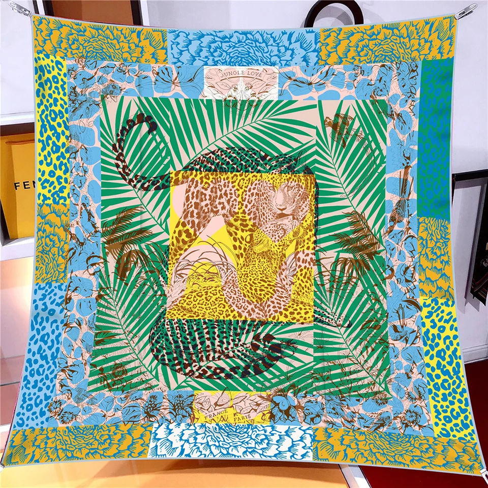 90 cm New Jungle Leopard Twill Silk Scarf Shawl Shawl Square Square Women Hidžab Luxury Bandana Fould Breckerchief Head Sáre