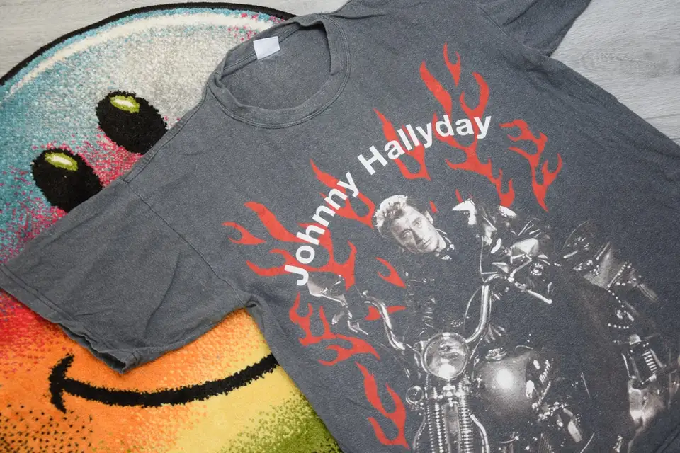 90. roky vintage Johnny Hallyday košeľa Veľkosť x Veľký VTG vyblednutý čierny francúzsky pop rockový spevák Que Je t'aime Song Promo Band Tee Sz XL