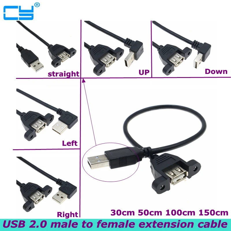 90 stupňov hore, dole, dole, doľava a pravý USB 2.0 Muž a ženský predlžovací kábel s montážnym skrutkovým otvorom pre počítač pre počítačový adaptér