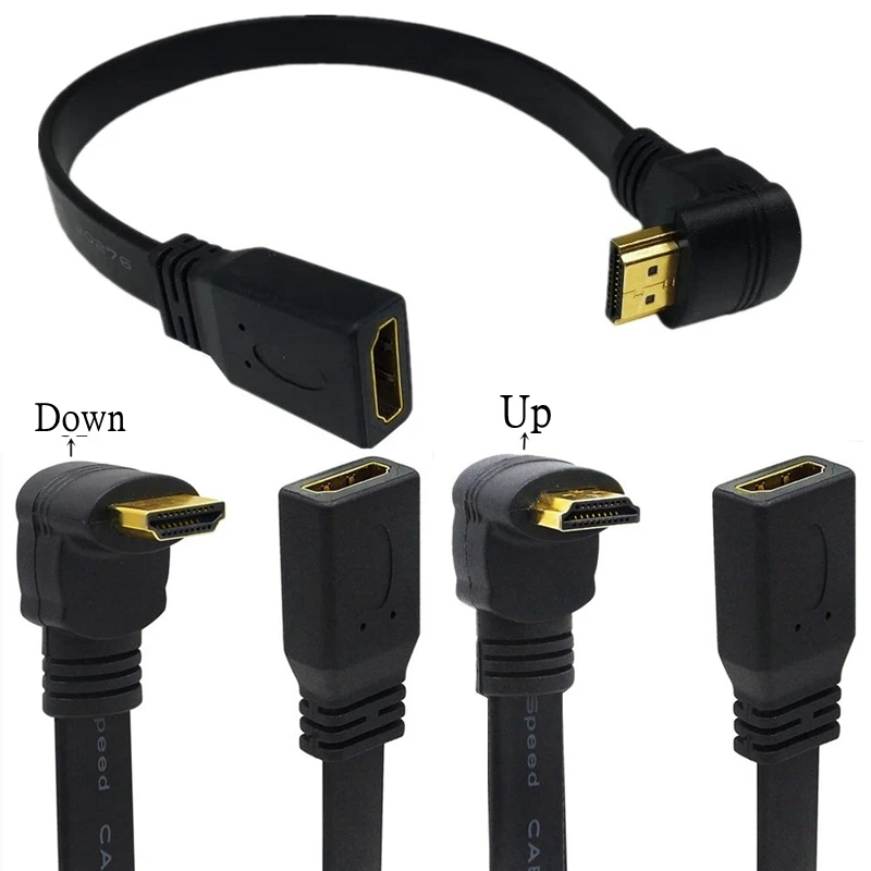 90 stupňov nahor dole v uhle HDMI kompatibilného muža na typ mužského a ženského predĺženia plochých káblov HDTV kábly 30 cm 1 stôp 1,4V