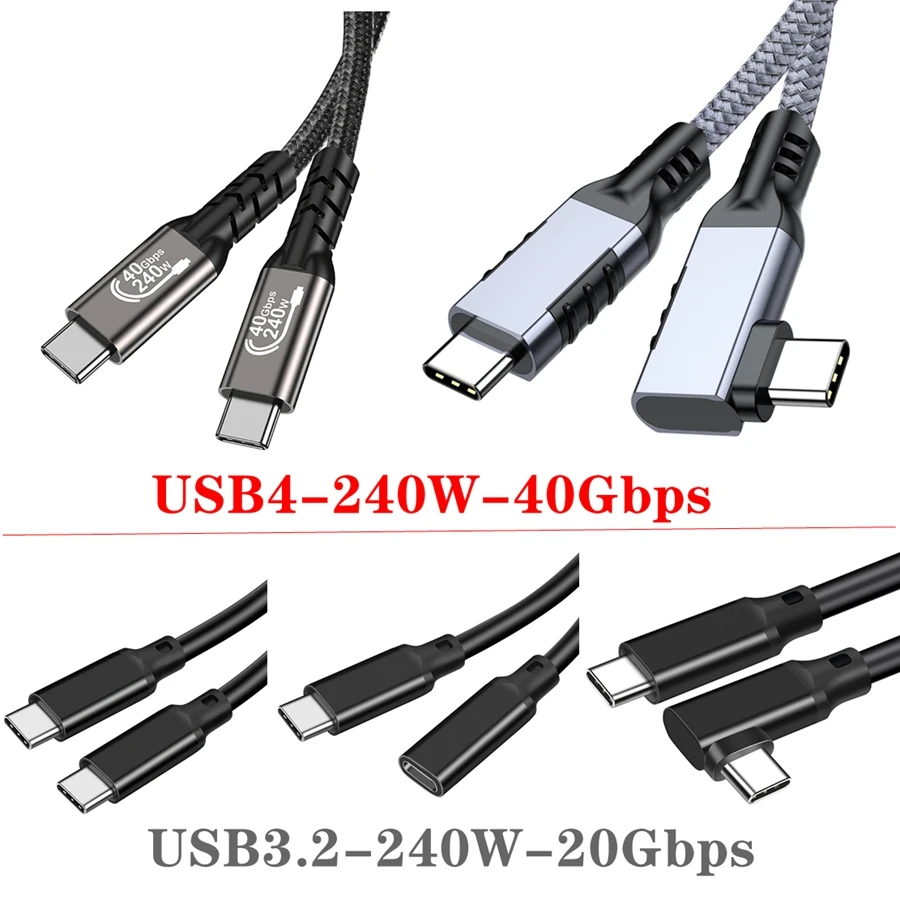 90 -stupňový uhol 40 Gbps USB4 lakeť typu C ThunderBolt3 4 Dáta prenos USB C Muž do ženy PD240W Rýchly nabíjací kábel 0,2 m 1 m 3m