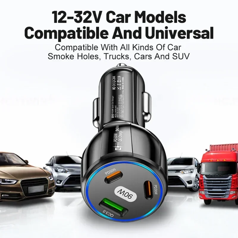 90 W super rýchle nabíjanie USB C nabíjačka automobilu -3 v 1 nabíjacej stanici s LED cigaretmi zapaľovač USB nabíjačky kompatibilné