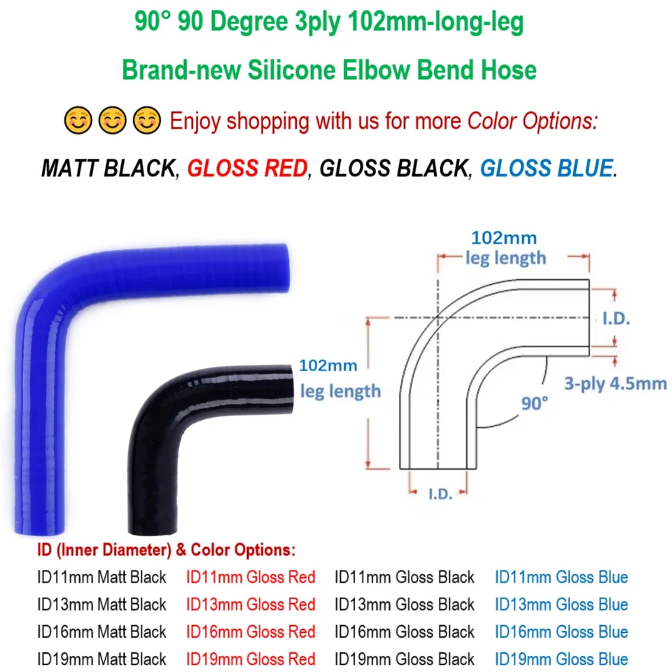 90 ° 90 stupňov silikónového lakťového ohybu hadica 3PLE 102 mm dlhá noha ID 11 mm 13 mm 16 mm 19 mm Matt čierny lesk Čierny lesk červený lesk modrá