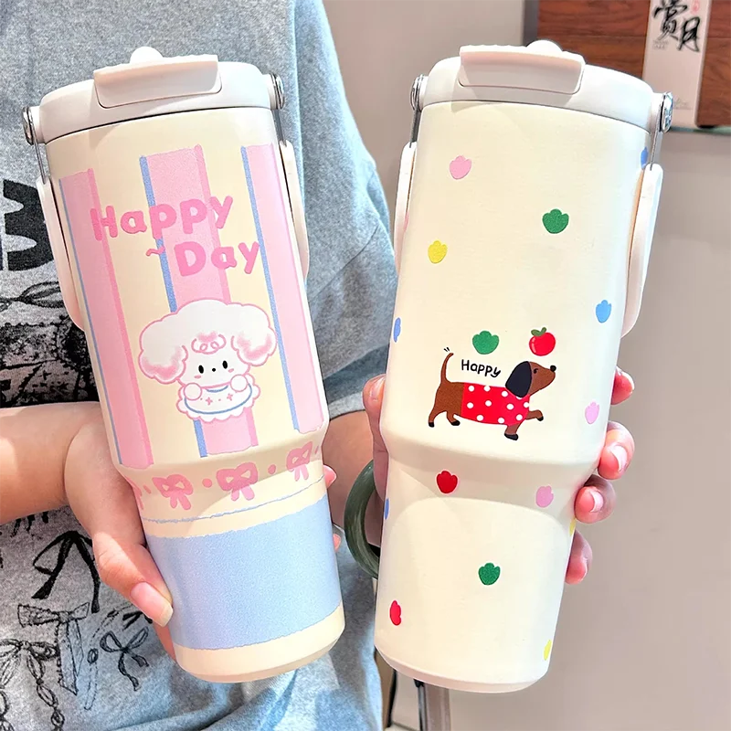 900 ml roztomilý izolovaný pohár Tumbler Coffee pre dievčatá 316 z nehrdzavejúcej ocele Thermo Fľaša cestovná fľaša s hrnčekmi s slamou rukoväte