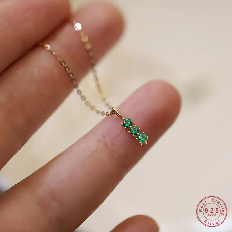 925 Sterling Silver 14K Gold -Nad náhrdelník pre ženy retro zelené tri zirkónové mini kosti retiazky Vynikajúce darček pre šperky