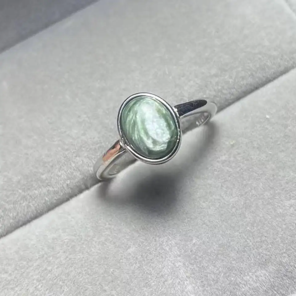 925 Sterling Silver Akac Natural Serafinit Nastaviteľný kruhový kameň Veľkosť približne 8*9-10 mm