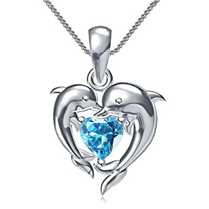 925 Sterling Silver Dolphin Blue Heart Cz Náhrdelník Dámske nevesta Svadobné retiazky kosti reťaz náhrdelníkov Fancy Darčekové vyhlásenie šperky