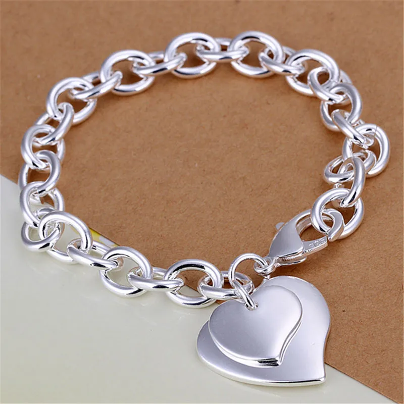 925 Sterling Silver Double Heart Pendant náramok pre ženy Charm Svadobná zásnubná módna párty šperky