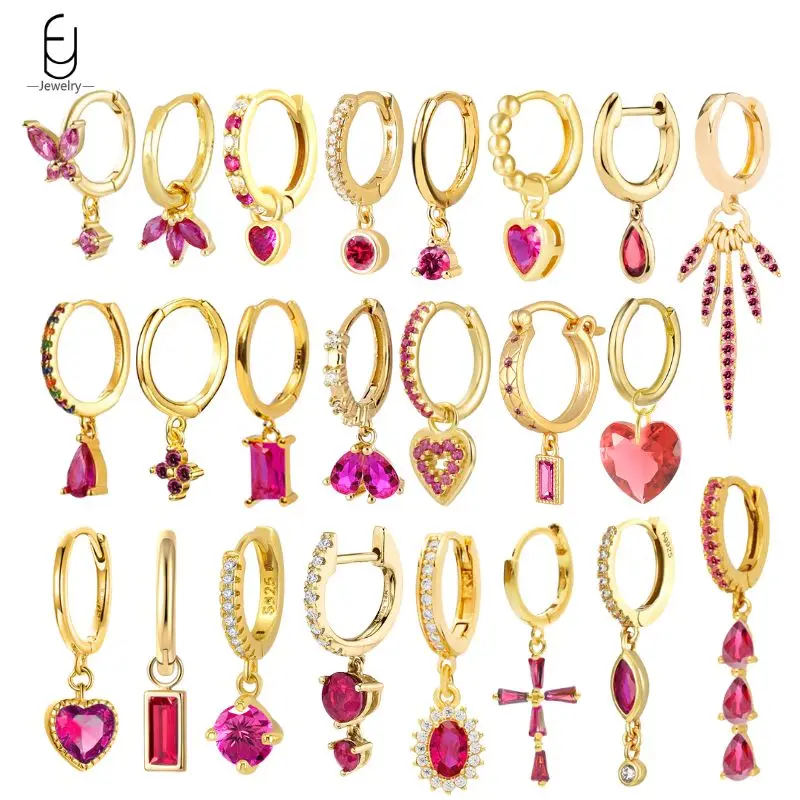 925 Sterling Silver Ear Nehla Luxusná ruža červená krištáľové zlaté náušnice Dámske kvapky vody/Srdce prívesok náušnice jemné šperky darček