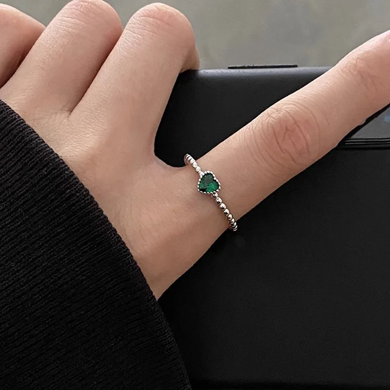 925 Sterling Silver Green Heart Zirkón Kamenný otvor Nastaviteľné prstene pre ženy Minimálne šperky