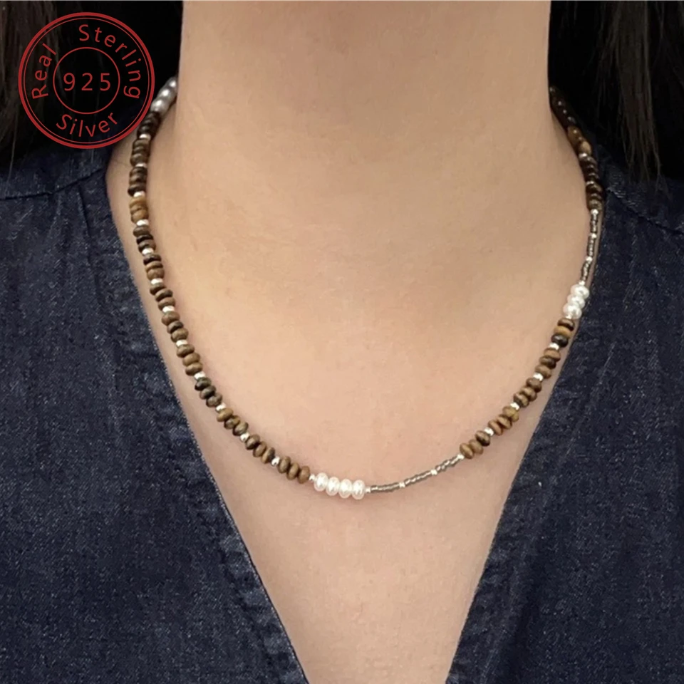 925 Sterling Silver Natural Tiger Eye Stone Shell Perla náhrdelník, nový čínsky výklenok, kontrastný dizajn farieb