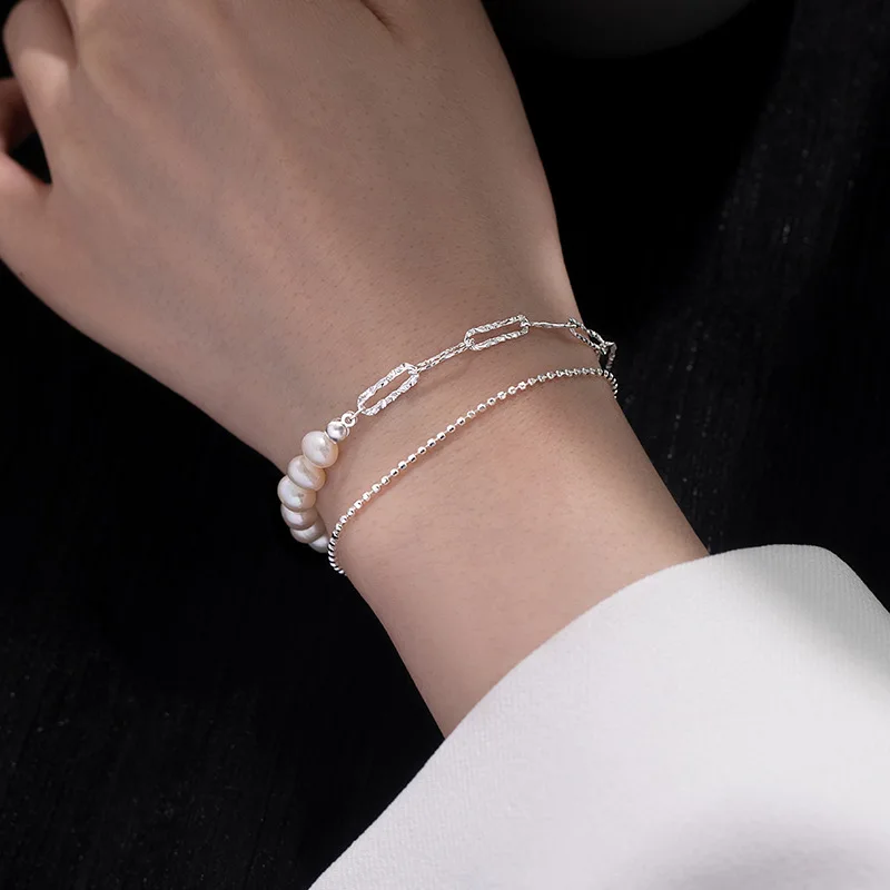 925 Sterling Silver Pearl Bracelet Simple Square Náramok Dámsky dvojvrstvový vrstvený šumivý náramok Festival Darčekové šperky