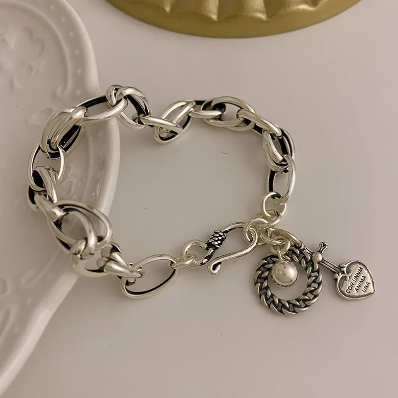 925 Sterling Silver Propagation Jewelry Retro Round Love Heart Tank reťaz ženský kúzlo Náramok pre ženy nikdy nezmizol darčeky lacné