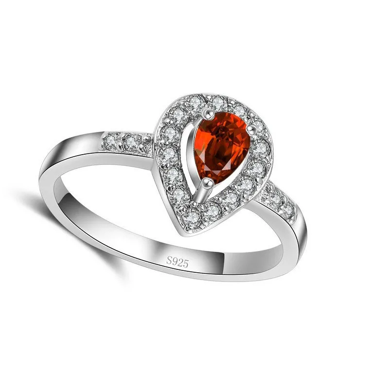 925 Sterling Silver Ring Luxusný romantický teplý štýl kvapôčkového tvaru Ornament Fire Fire Red Crystal Stone pre ženy manželka