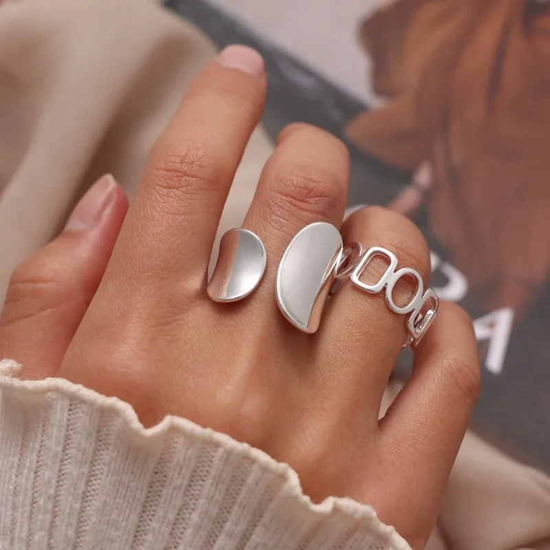 925 Sterling Silver Simple Punk Hollow Rings for Women Geometric Fashion Open Open Nastaviteľné ručne vyrábané večierky Darčeková darčeková alergia
