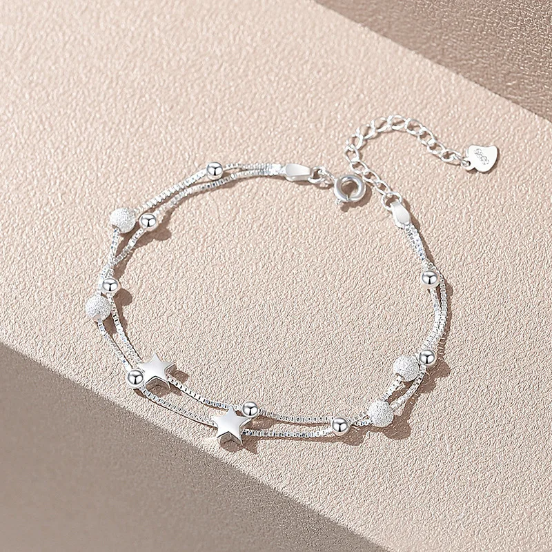 925 Sterling Silver Star Korálkové náramky pre ženy Vintage Kórejské dvojvrstvové nastaviteľné náramky Vynikajúce šperky