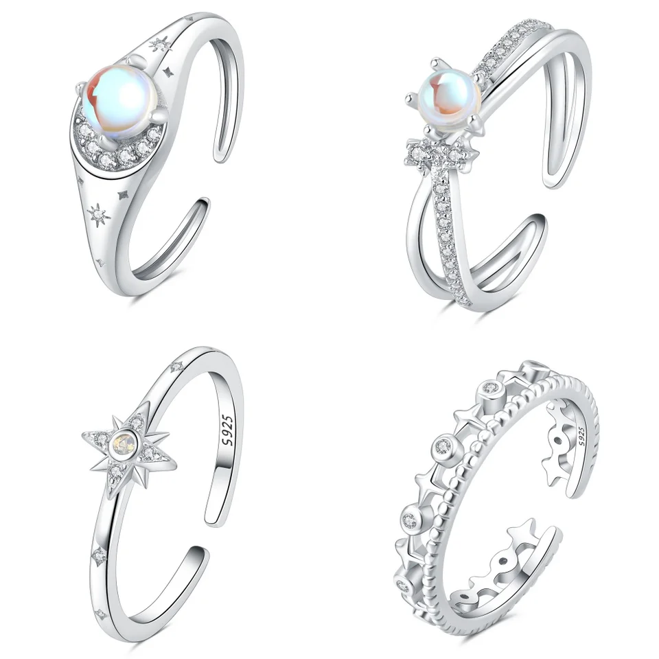 925 Sterling Silver Star Moon Sun Ser Series Rings for Women Original Valentine's Birthday Darček svadobné šperky príslušenstvo