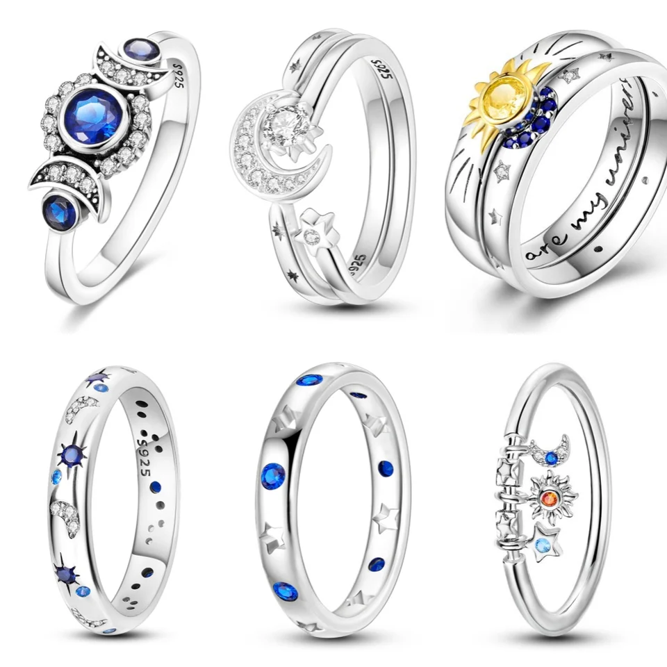 925 Sterling Silver šumivé hviezda Moon Sun Starry Sky Series Zavretý prsteň pre ženy narodeniny Valentínske darčeky s jemnými šperkami S925