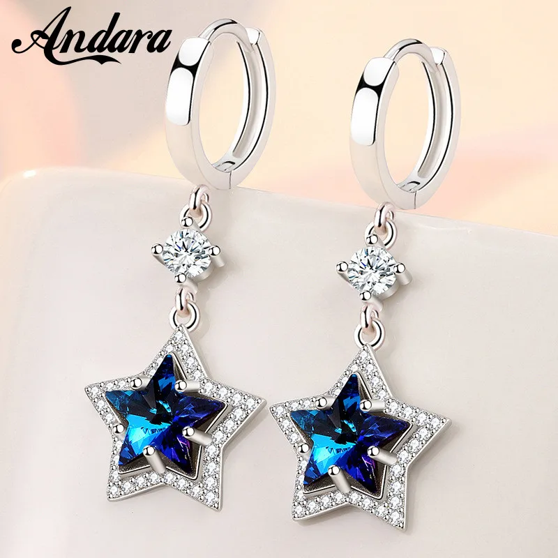 925 Sterling strieborné náušnice modré krištáľové zirkón pentagram náušnice pre darčeky dámskych módnych šperkov