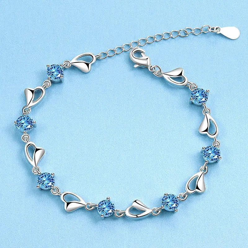 925 Sterling strieborné srdce v tvare srdca pre ženy Vintage Kórejské všestranné náramky z modrého krištáľového kúzla Originálne šperky na večierok