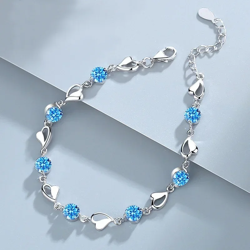 925 Sterling strieborné srdce v tvare srdca pre ženy Vintage Kórejské všestranné náramky z modrého krištáľového kúzla Originálne šperky na večierok