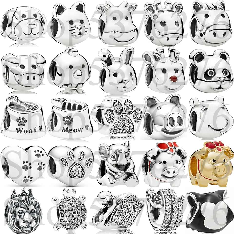 925 Sterling strieborný korálka Woof Meow Cat Dog Cow Horse Rabbit Pig Charm Fit Pandora Women Ratcelet Bangle Darček pre domácich majstrov šperky