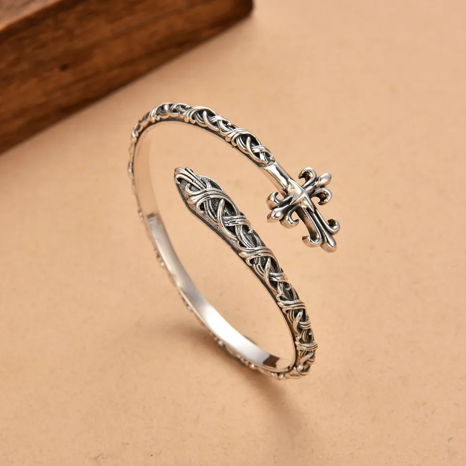 925 Sterling strieborný náramok večný Rattan Cross Ring Open Náramok Thai strieborné retro trendy štýlové šperky