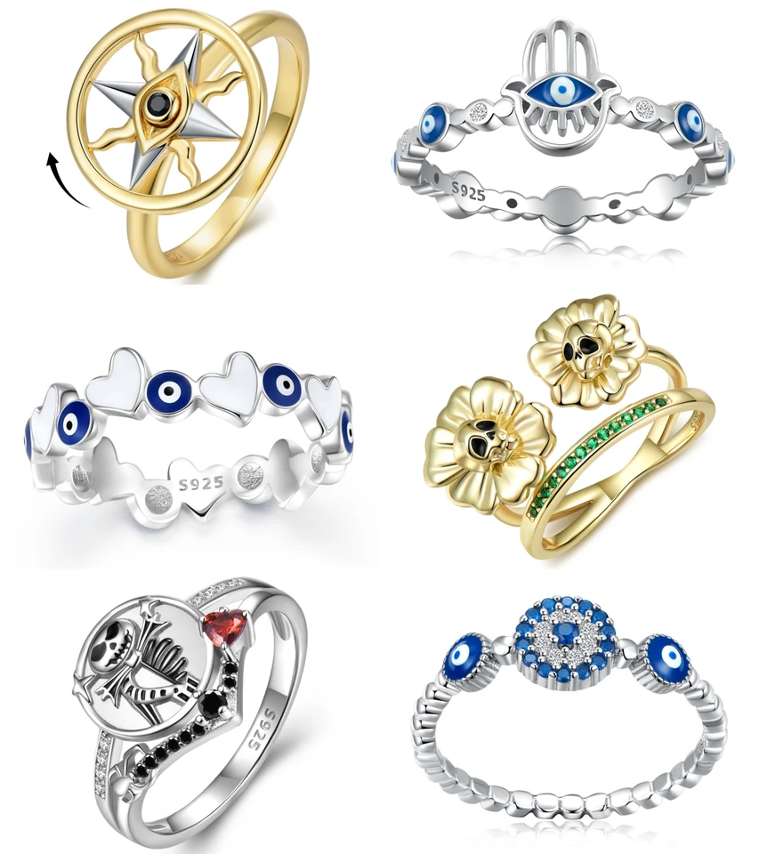 925 Sterling strieborný zirkón Zlá zlá modrá lebka lebka Avatar Sunflower pre ženy Men strieborný prsteň s mini srdiečkami módne šperky
