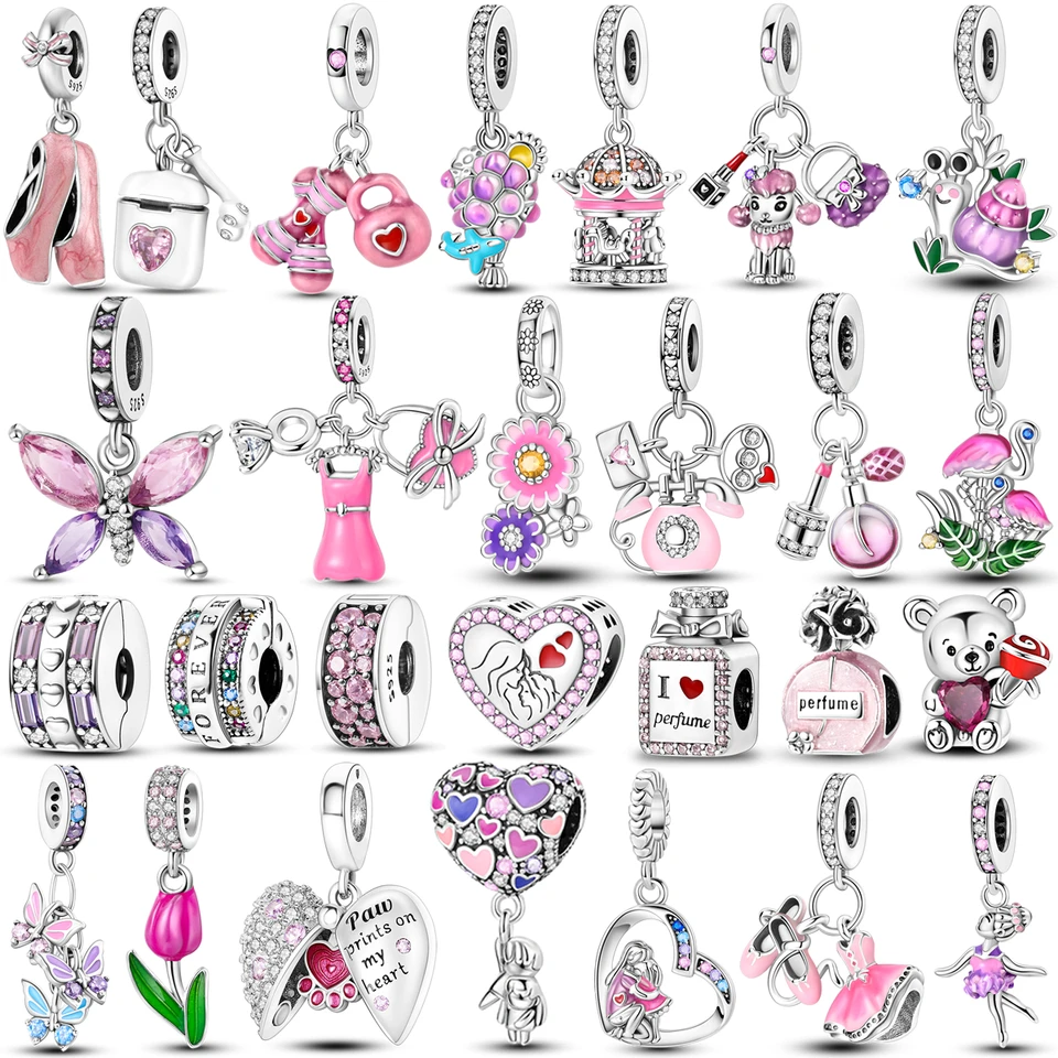 925 Strieborná ružová farebná séria kúzla Kúzla Lovely Pink Butterfly Dangle Srdc Stvorec prívesok Fit Fit Pandora náramok náhrdelník šperky