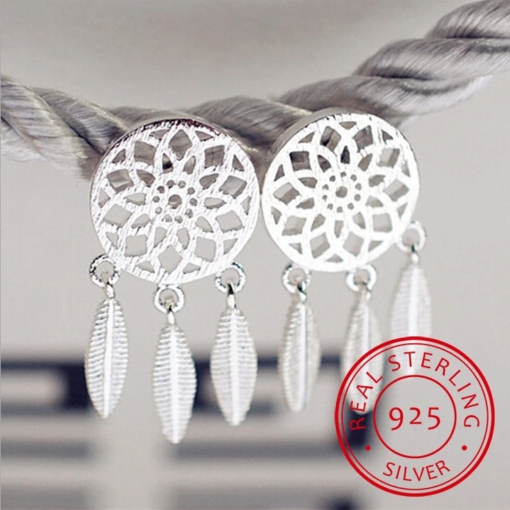 925 Strieborné náušnice ihly Dream Catcher Fashion Perie Perie Na náušnice pre ženy Oorbellen Brincos de Prata S-E387
