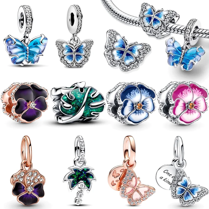925 strieborné zelené listy Monstera Palm Tree Blue Murano Glass Butterfly Flower DIY Listy Fit Pandora kúzla náramok jemné šperky