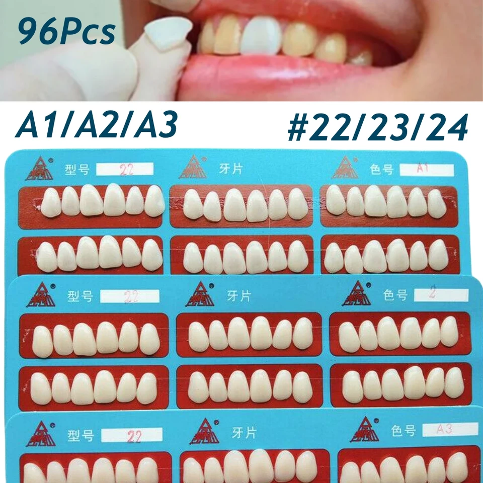 96ks zubné zuby Dyhy ultra tenká živica dočasná biela koruna Porcelánová horná predná opravárenská súprava #22 #24 #24 A1/A2/A3