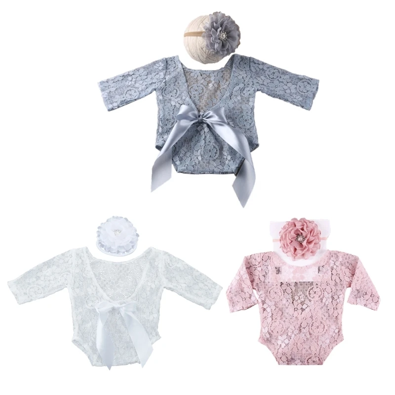97be detská čipka kombinézy BodySuit Floral Hairband pre hlavu zábal turbanov pokrývky pokrývky