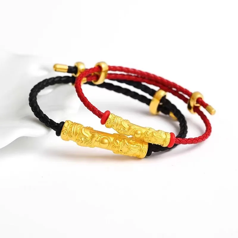 9999 Real Gold 24 K Dragon Phoenix Chengxiang Ohyb rúrky Kožené lano náramok pre mužov a ženy