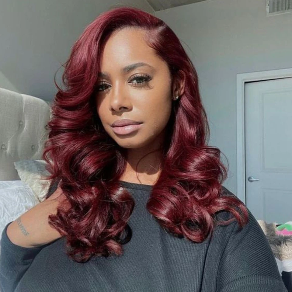 #99J Body Wave Lace Lace Front Parochňa ľudské vlasy 180% 13x6 Burgundská farba zvlnená vlna čipka predná parochňa Human Human Hair vopred pretrhnutá pre ženy