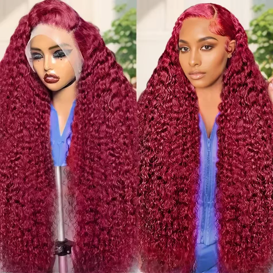 99J Burgundska hlboká vlna farbené ľudské vlasové parochne 36 palcov 13x6 13x4 HD priehľadná čipka Čelná parochňa 200 hustota pre ženy