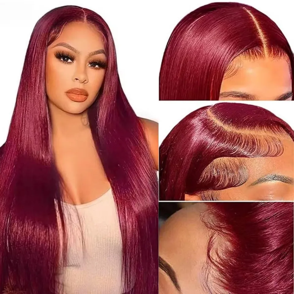99J Červená burgundská farba dlhá Skily Straight Straight 13x4 Lace Frontal Syntetic Parochňa pre ženy