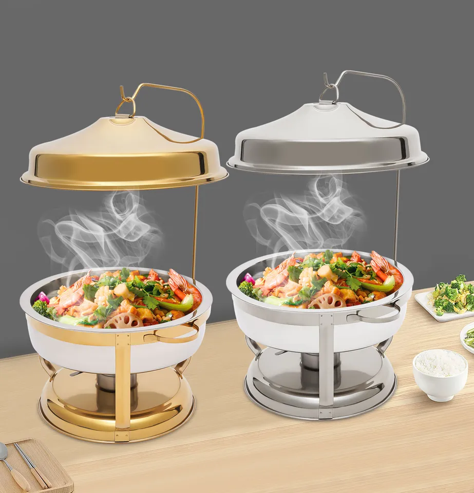 9L okrúhle odieranie misky Buffet Set z nehrdzavejúcej ocele Ruka s horným vekom bufet servery a tepláky strieborné/zlato