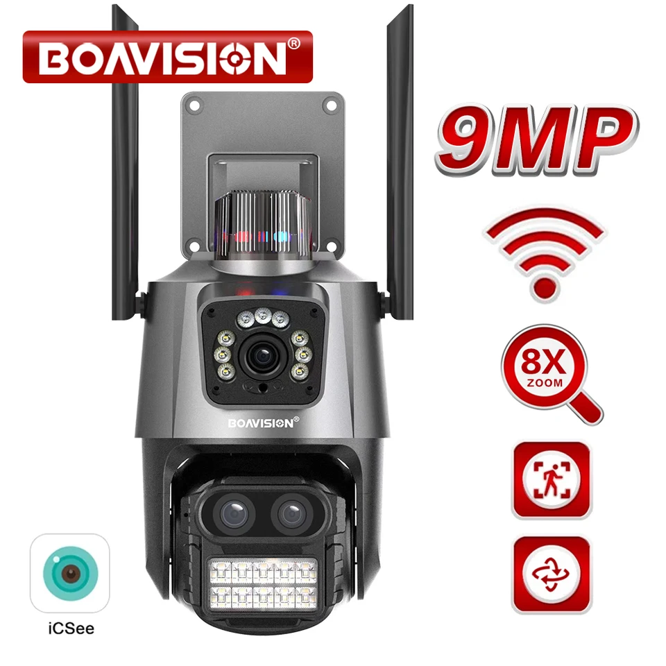 9MP 4MP kamera WiFi Camera Outdoor Dual-Lens Dual-Screens AI automatické sledovanie 8x digitálne zoom Onvif PTZ a prepojená kamera s pevným bodom